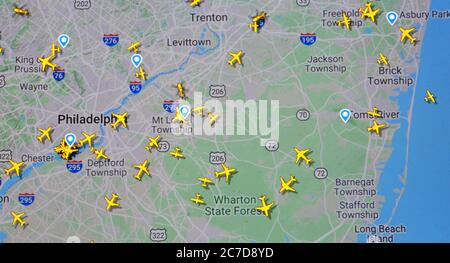 air flighs over Philadelphia, USA (16 july 2020, UTC  14.41)  on Internet with Flightradar 24 site, during the Coronavirus Pandemic period Stock Photo