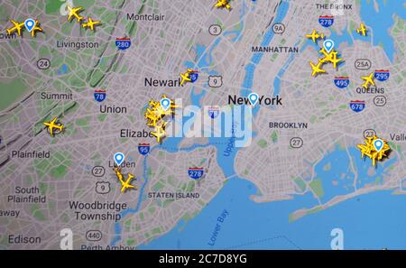 air space over New York, USA (16 july 2020, UTC  14.43)  on Internet with Flightradar 24 site, during the Coronavirus Pandemic period Stock Photo