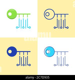 Digital key icon set in flat and line style. Cryptocurrency security concept. Vector illustration. Stock Vector