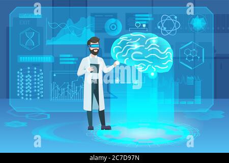 Human brain futuristic medical hologram with doctor scientist character vector illustration. Brain model screening ar interface. Diagrams, pie chart infographics. Medicine and healthcare icons Stock Vector