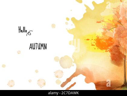 Autumn background with a tree on watercolor stain painting. Suitable for use as a header, card; invitation, cover, booklet, wall, or poster. Stock Vector