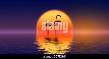 couple of pink flamingo at dusk - 3D rendering Stock Photo