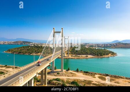 The impressive cable bridge of Chalkida, Euboea, Greece. Stock Photo