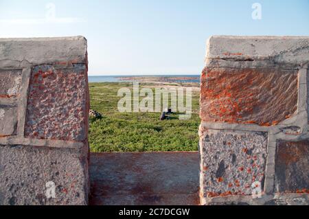 A view of Hudson Bay and the Arctic Ocean from the crenelated battlements at the top of the old Prince of Wales Fort, in Churchill, Manitoba, Canada. Stock Photo