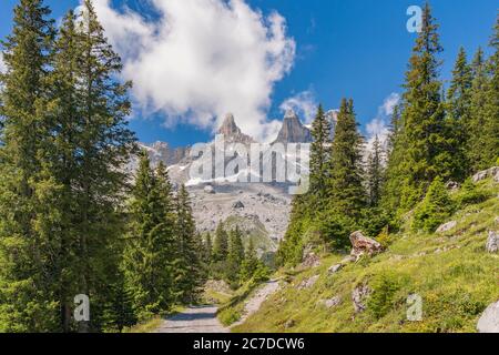 rocky mountain landscape  with the summits of Drusenfluh and three Towers in Montafon valley near Tschagguns, Vorarlberg, Austria Stock Photo