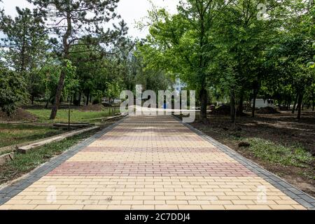 Laying colored concrete paving slabs in the park. Professional workers bricklayers are installing new tiles and paving slabs for sidewalk on leveled s Stock Photo