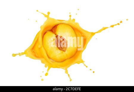 half peach fallen into a juice splash isolated on white Stock Photo