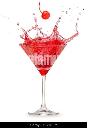 cherry falling into a splashing red cocktail isolated on white Stock Photo