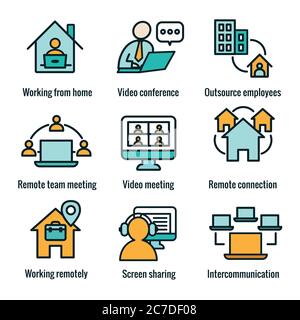 Remote work icon set - work from home, video meetings, etc Stock Vector