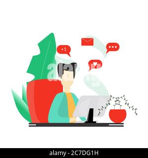 Man working on laptop. Freelancing businessman remote job. Modern office with message bubbles. Stay at home concept. Trendy flat design with gradient Stock Vector