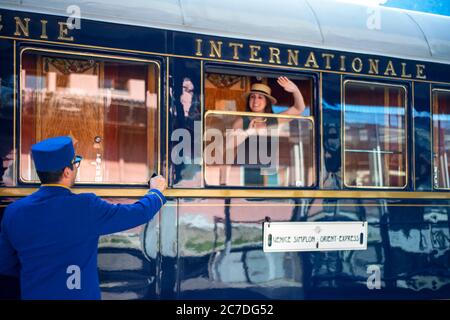 Belmond Venice Simplon Orient Express luxury train stoped at Venezia Santa  Lucia railway station the central railway station in Venice Italy. An ic  Stock Photo - Alamy