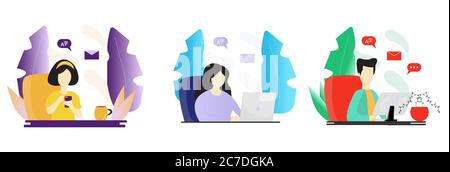 People work on laptops and study remote. Learning languages from home while pandemic. Online education concept isolated vector illustration Stock Vector
