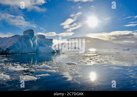 Sunset landscape Antarctica, Paradise Harbour aka Paradise Bay aka Paradise Harbour. Late season polar sunset. Stock Photo