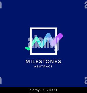 Milestones Line Monogram Abstract Vector Blend Symbol, Sign or Logo Template. Letter M with Bright Colorful Gradient in a Square Frame. Stock Vector