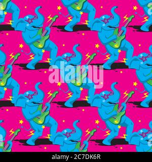 seamless pattern of an elephant playing a guitar on a pink background. Vector image Stock Vector