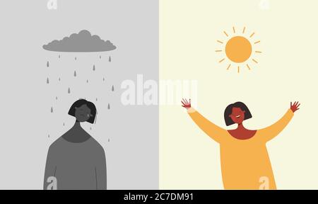 Sun is happy rain sad illustration. Character is sad when it rains and depressive weather rejoices when sun shines. Stock Vector