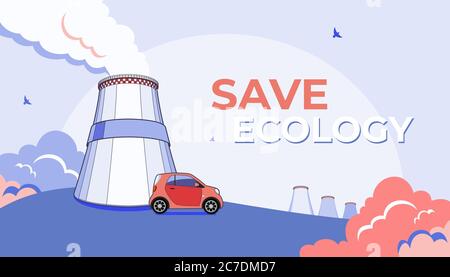 Co2 emission pollution vector illustration. Smoking cooling tower, factory fog and micro car. Vector industrial energy. Stock Vector