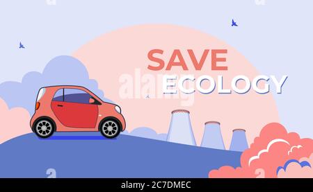 Co2 emission pollution vector illustration. Smoking cooling tower, factory fog and micro car. Vector industrial energy. Stock Vector