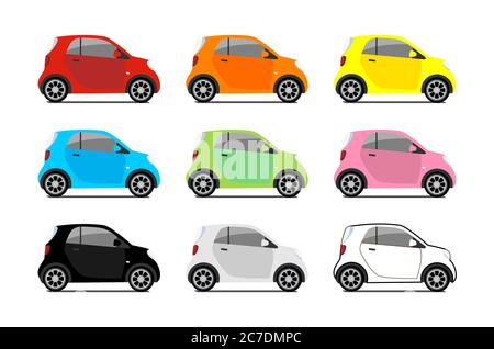 Car sharing logos, vector city micro car set. Eco vehicle icons isolated white background. Cartoon vector illustration. Stock Vector
