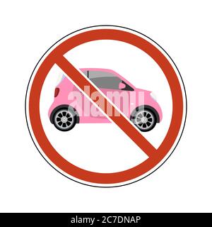 Stop car sign vector isolated. Circle prohibited sign banner no car, no parking. Small pink car in forbidding red circle Stock Vector