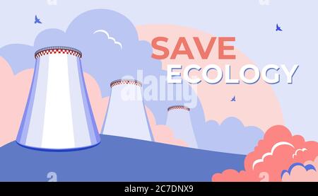 Co2 emission pollution vector illustration. Smoking cooling tower, factory fog and micro car. Vector industrial energy. Stock Vector