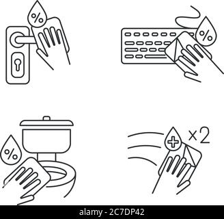 Surface cleaning pixel perfect linear icons set. Door knob, keyboard and toiled disinfection. Customizable thin line contour symbols. Isolated vector Stock Vector