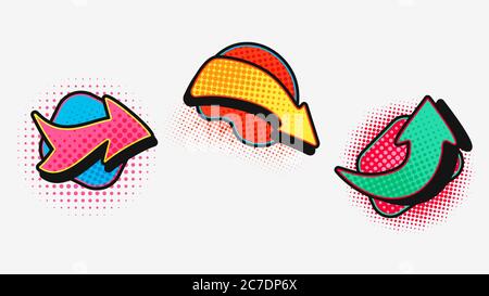 Pop art arrow set. Modern graphic design of pointers in comic setting red guide green wriggling. Stock Vector