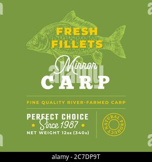 Fresh Fillets Premium Quality Label . Abstract Vector Fish Packaging Design Layout. Retro Typography with Borders and Hand Drawn Mirror Carp Stock Vector