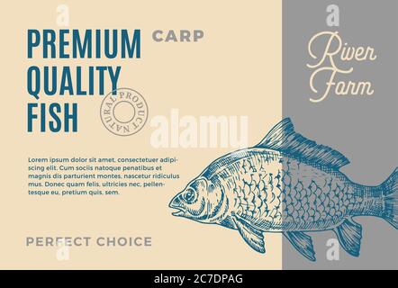 Premium Quality Carp. Abstract Vector Fish Packaging Design or Label. Modern Typography and Hand Drawn Mirror Carp Silhouette Background Layout Stock Vector