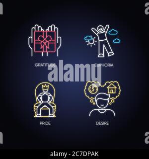Mood and temperament neon light icons set. Good and bad emotions, human feelings signs with outer glowing effect. Curiosity, rejection, sorrow and ang Stock Vector