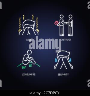Emotions and personality traits neon light icons set. Human feelings, qualities signs with outer glowing effect. Gratitude, euphoria, pride and desire Stock Vector
