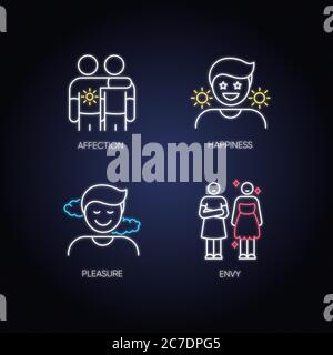 Positive and negative emotions neon light icons set. Human feelings, behaviour, mood signs with outer glowing effect. Affection, happiness, pleasure a Stock Vector