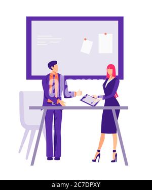 Signing a contract in the office illustration. Male and female characters businessmen conclude cooperation agreement. Stock Vector