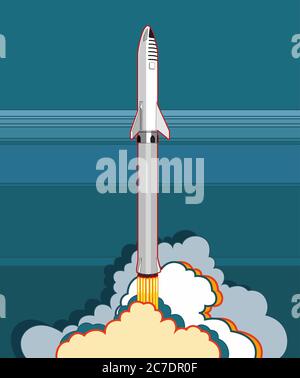 Rocket spaceship launching vector retro style illustration. Vector cartoon spaceship isolated for web, postcard, poster, print, banner. Stock Vector