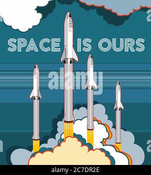 Rocket spaceship launching vector retro style illustration. Vector cartoon spaceship isolated for web, postcard, poster, print, banner. Stock Vector