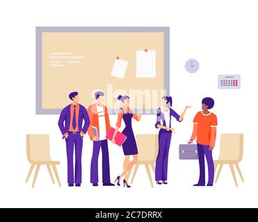 New office employee illustration. Group of workers characters are greeted with new friends. Stock Vector