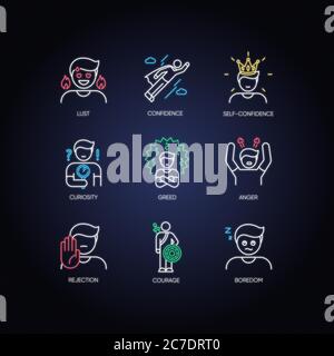 Human emotions neon light icons set. Psychological states and negative emotions signs with outer glowing effect. Emotional behaviour, personal qualiti Stock Vector