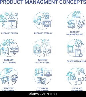Product management blue gradient concept icons set. Marketing strategy. Sales plan for company. Business development idea thin line RGB color illustra Stock Vector