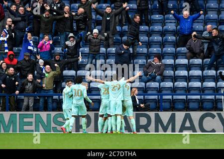 7th March 2020, Deepdale, Preston, England; Sky Bet Championship, Preston North End v Queens Park Rangers : The Queens Park Rangers players celebrate in front of the travelling supporters after taking the lead Stock Photo