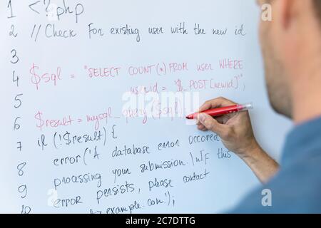 data safety and programming education concept - man writing php code on whiteboard Stock Photo