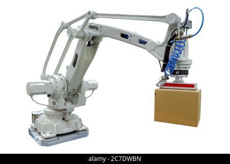 Industry robotic with gripping arm for grip carton goods package for work on industrial logistic on smart factory, isolated on white background Stock Photo