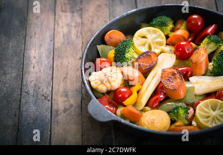 Roasted vegetables in the pan Stock Photo