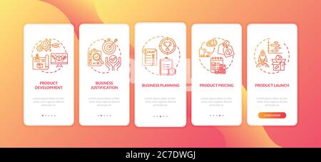 Product launch onboarding mobile app page screen with concepts. Pricing and sales. Business management walkthrough 5 steps graphic instructions. UI ve Stock Vector