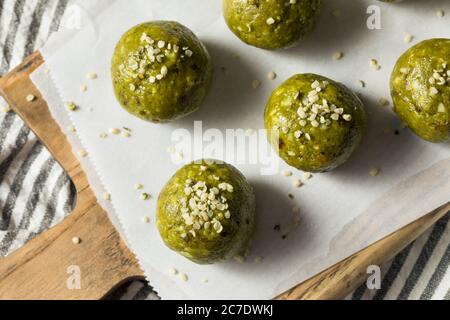 Homemade Healthy Matcha Bliss Energy Balls with Dates Hemp and Nuts Stock Photo