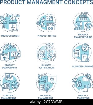 Product management turquoise concept icons set. Marketing strategy. Sales plan. Business development idea thin line RGB color illustrations. Vector is Stock Vector