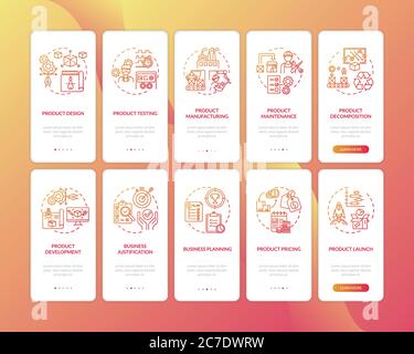 Product launch onboarding mobile app page screen with concepts. Business planning. Product development walkthrough 5 steps graphic instructions. UI ve Stock Vector