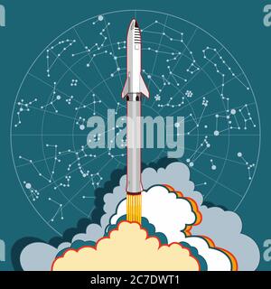 Rocket spaceship launching star map. Vector retro style illustration. Vector cartoon spaceship isolated star map web, postcard, poster, print, banner. Stock Vector