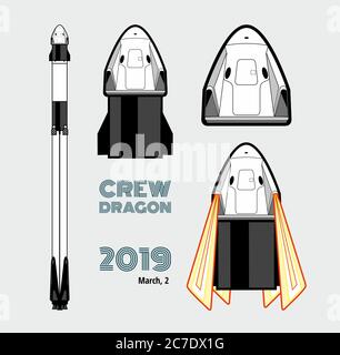 Rocket, space craft isolated set. 2019 March 2 rocket launching. Vector poster spaceship. Spaceship isolated cartoon art Stock Vector