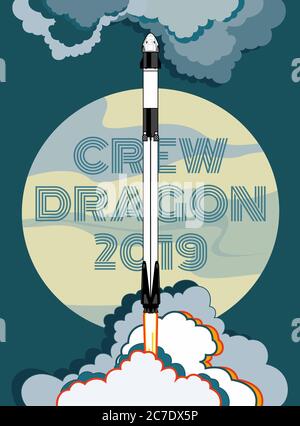 Rocket, space craft vector. 2019 March, 2 rocket launching. Vector poster spaceship, Moon, flame and steam Stock Vector