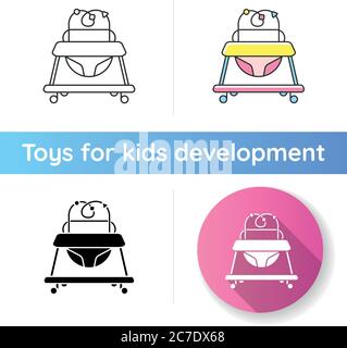 Baby walker icon. Leg learning and walking development device for toddlers. Gross motor skills stimulation. Early childhood. Linear black and RGB colo Stock Vector
